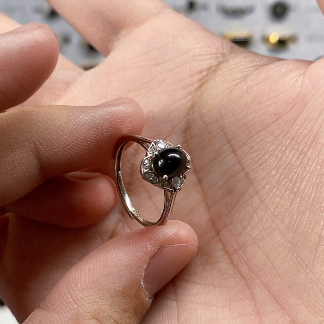 翡翠戒指银S925镶嵌墨翠女戒银镶