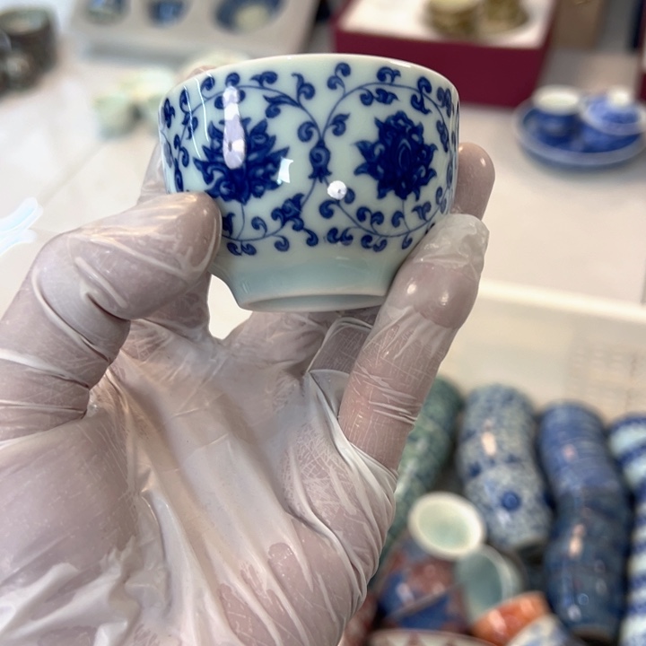 瓷片白青花缠枝莲刚杯客杯全品