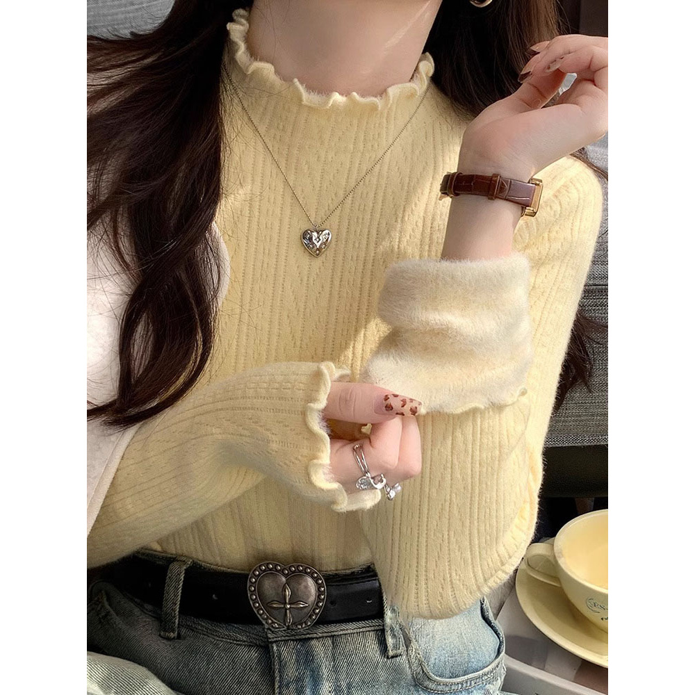 黄色半高领毛衣女士秋冬内搭冬季加绒加厚打底衫一体绒木耳边上衣