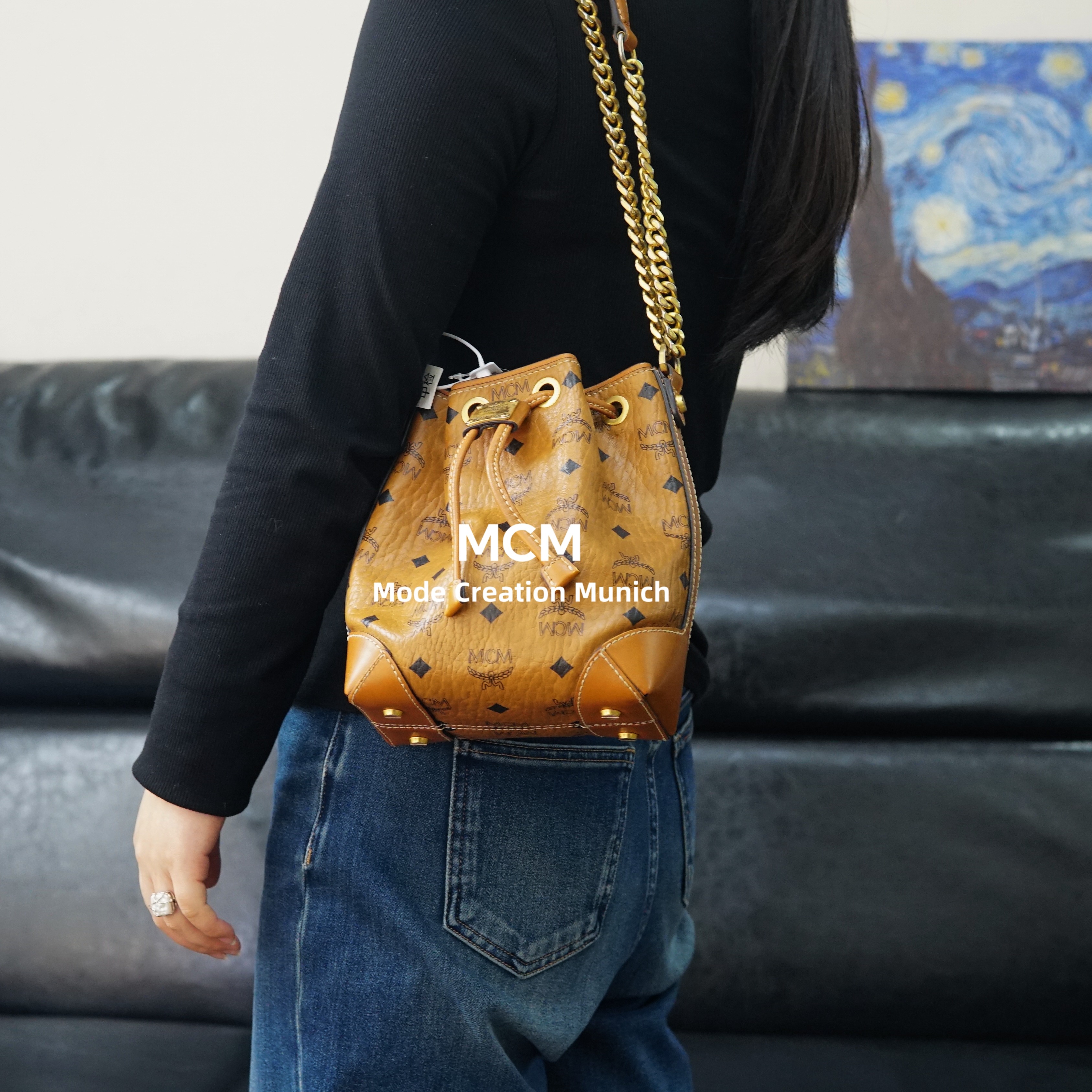 95新 MCM 干邑色抽绳单肩链条包/SS02622508/2508