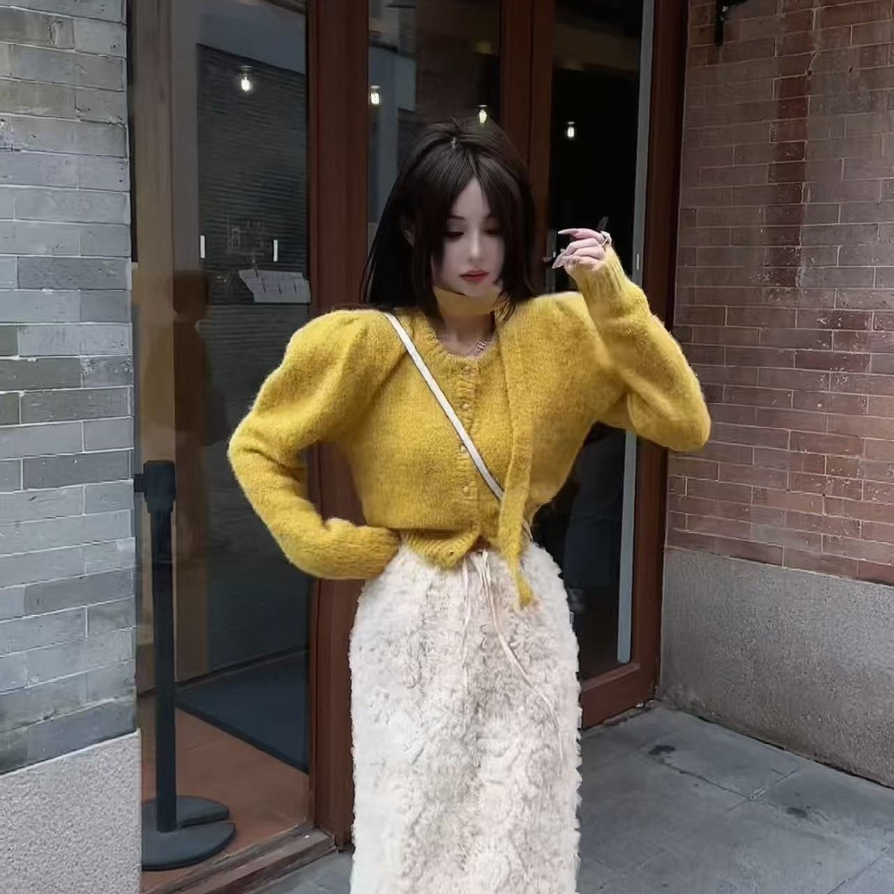 飘带厚毛衣/立体纱质花朵半身长裙