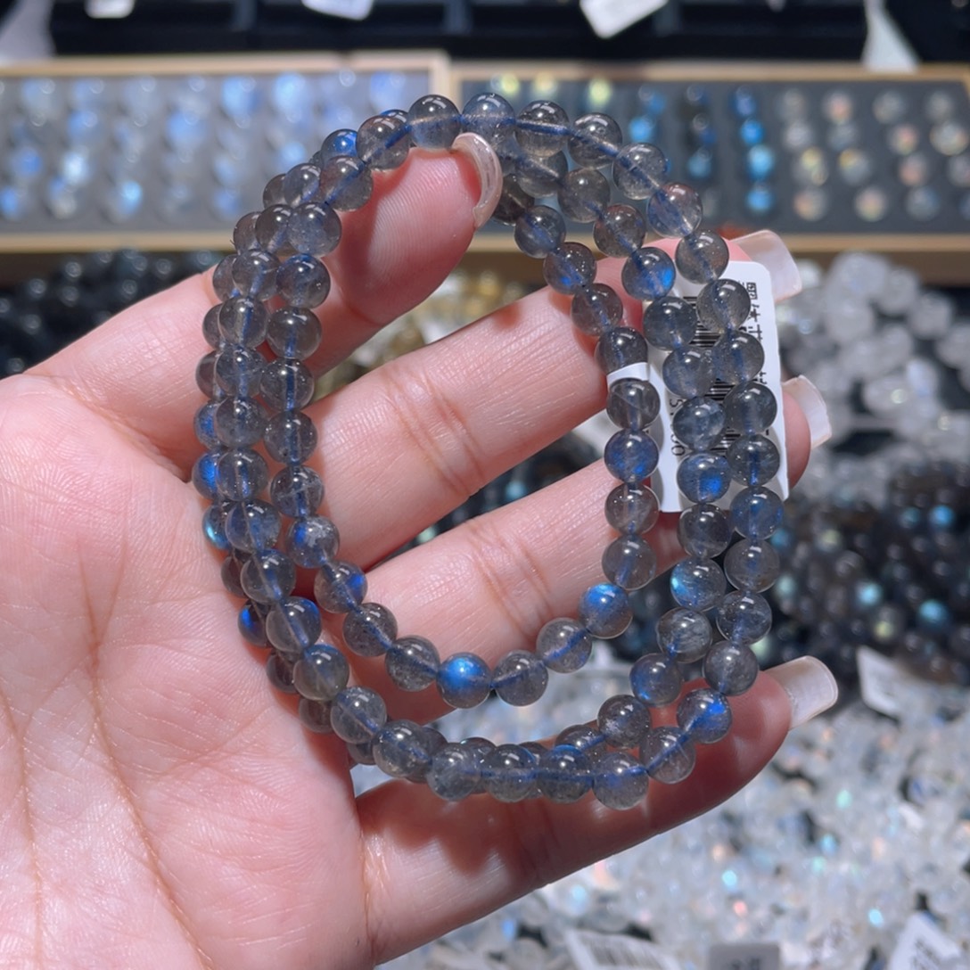 长石手链未镶嵌马岛黑体纯蓝光灰月光手链多圈5.8mm