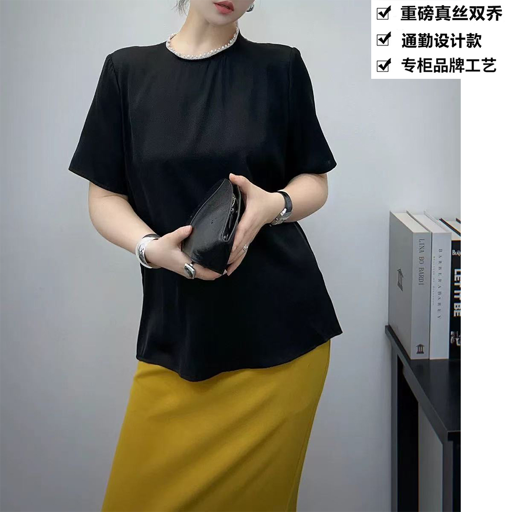 100桑蚕丝真丝双乔拼接后蕾丝重工钉珠桑蚕丝T恤上衣ZKD73黑色