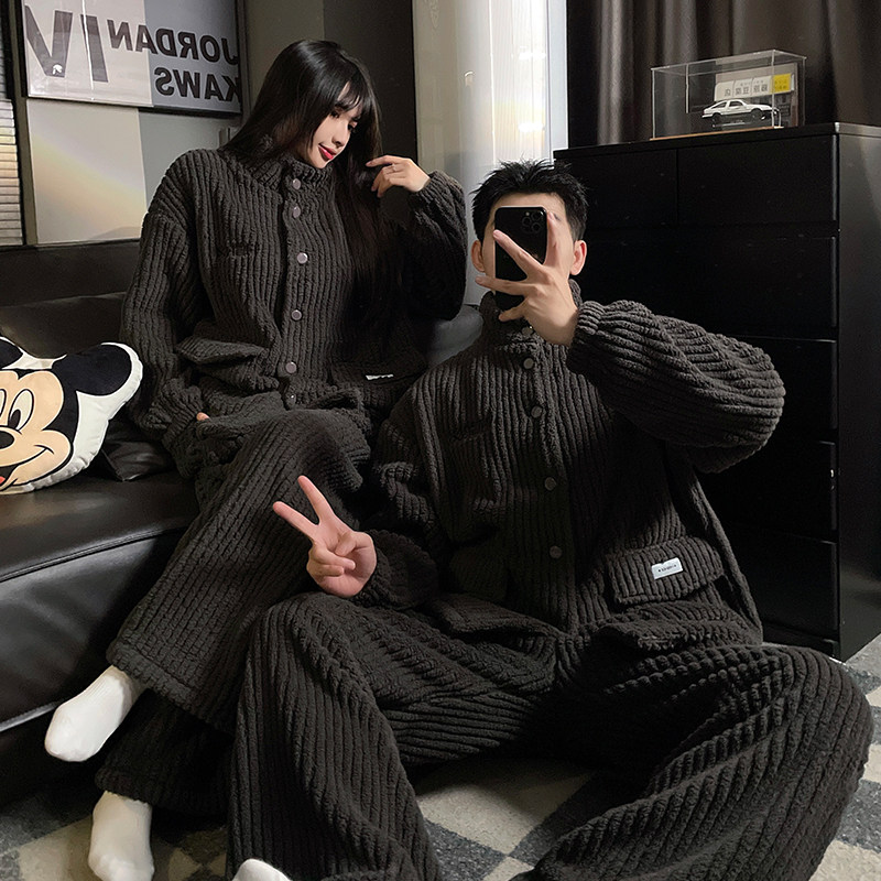 加绒加厚冬季情侣睡衣女款珊瑚绒保暖男士纯色简约家居服套装冬天