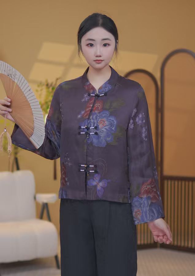 2026春款香云纱外套女暗调蓝紫牡丹纹撞色盘扣真丝新中式洋气上衣