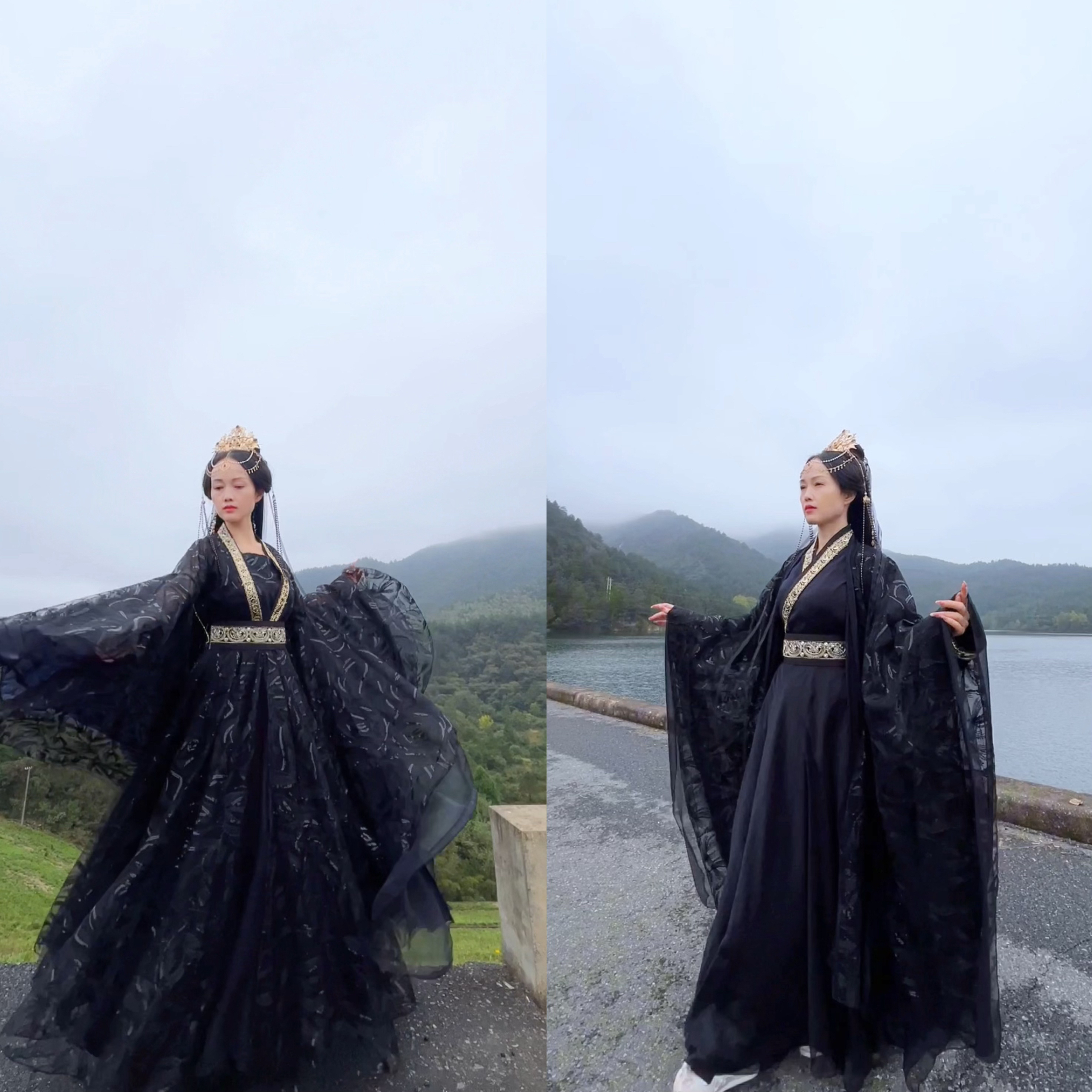 黑色提花亮片超仙大袖古风影视服装
