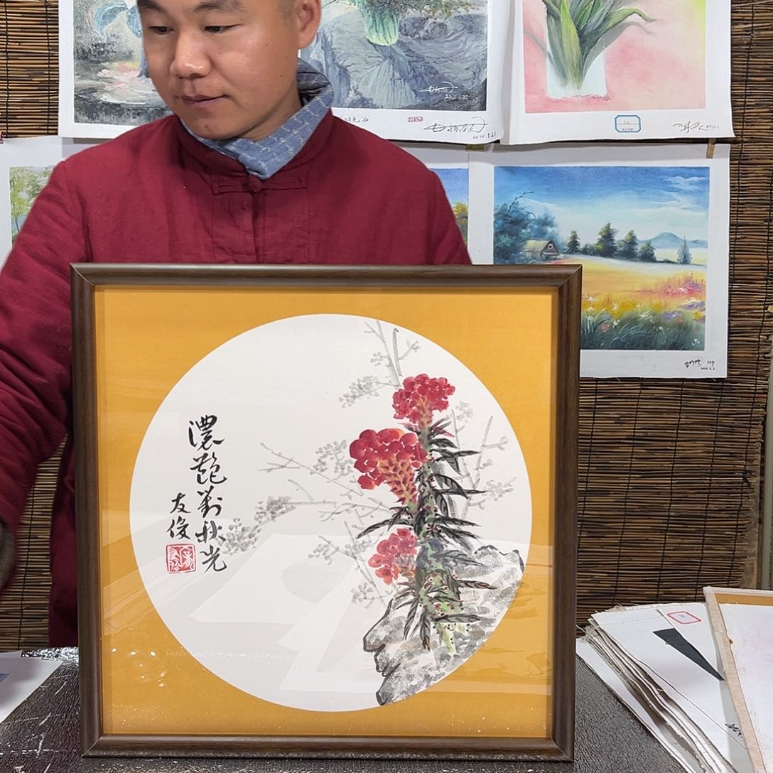 油画行路人小院绘画作品