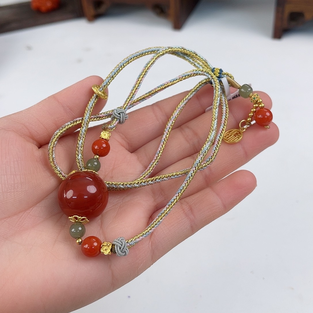 南红玛瑙瓦西牛血红锁骨珠19mm银S925镶嵌