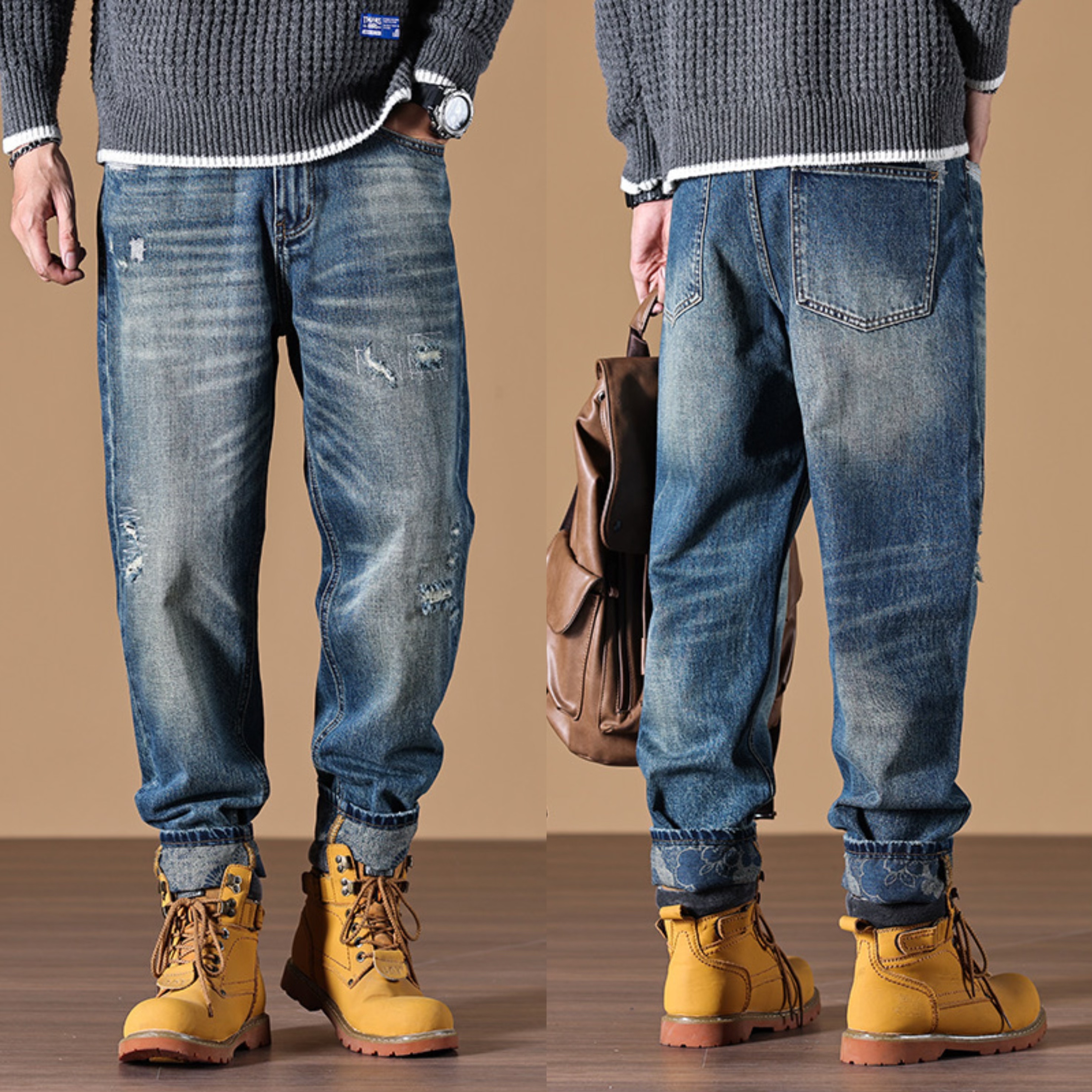 小补丁贴补宽松日系牛仔长裤男重磅水洗复古cityboy休闲牛仔裤