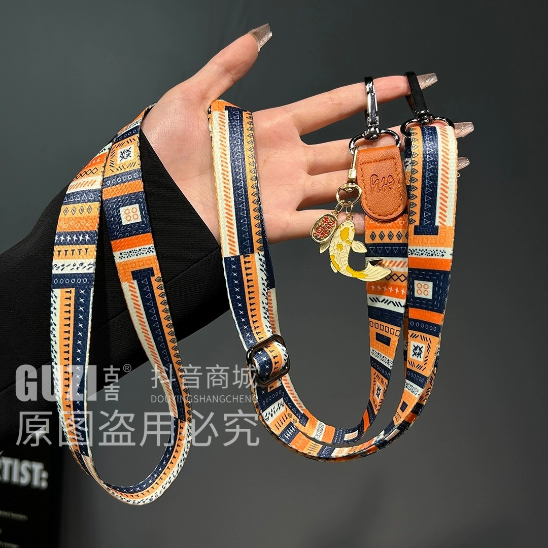 中国风挂件手机挂绳像印花皮扣帆布可调节斜挎吊绳挂手腕手机壳链