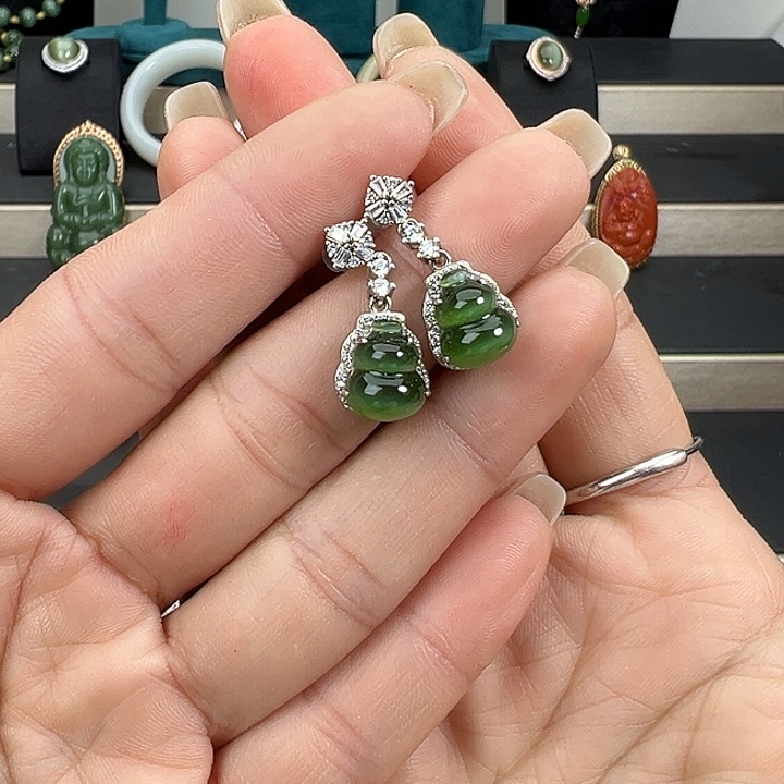 和田玉银S925镶嵌耳饰