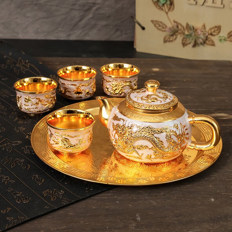高档欧式茶具套装龙凤呈祥茶壶家用结婚礼品复古中式创意镀金