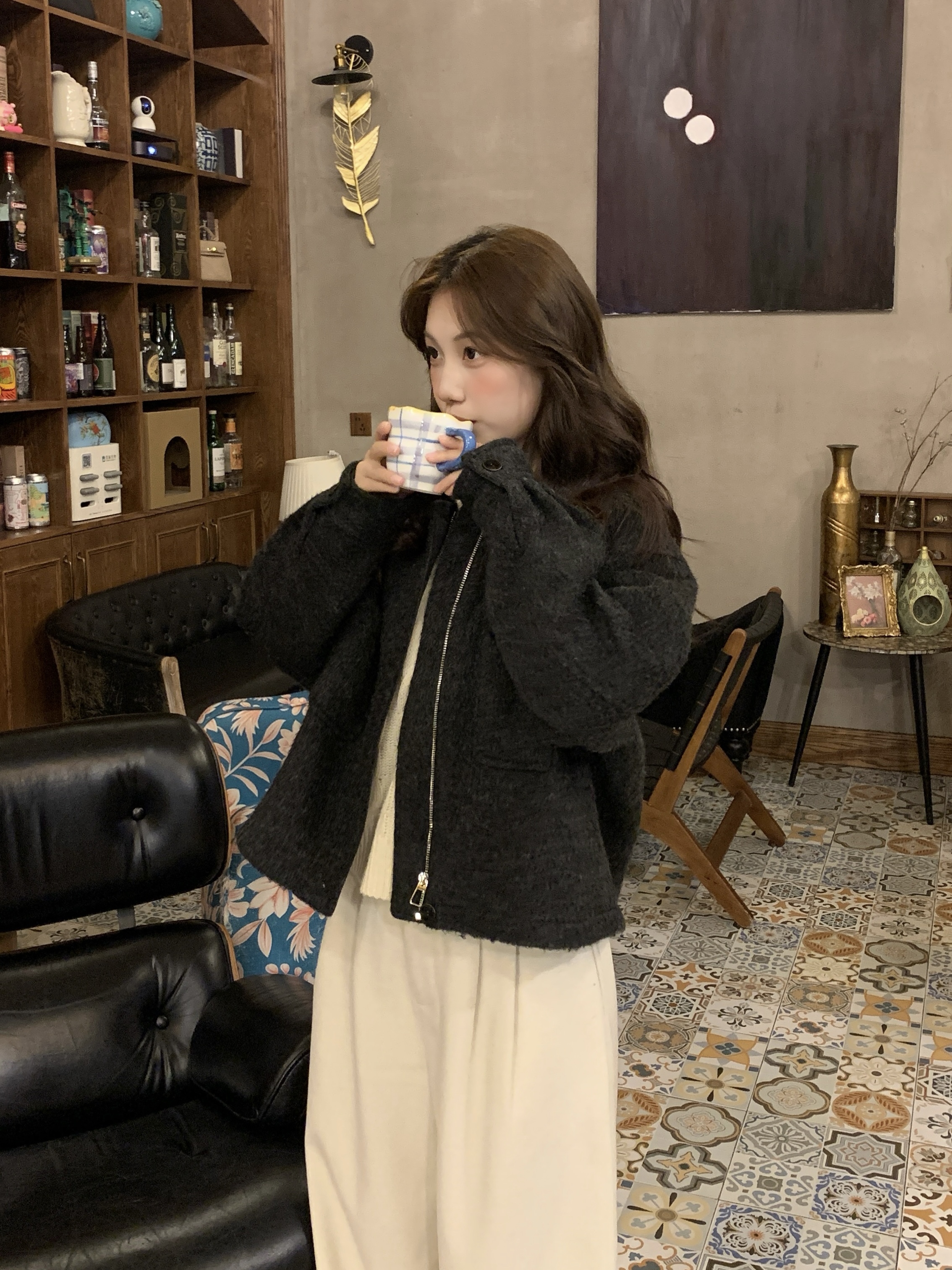 「芋米」冬季圆领简约韩系短外套百搭女装