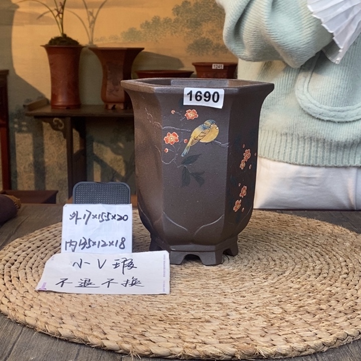 花盆紫砂  微瑕紫泥高温彩绘一路繁花六方1690