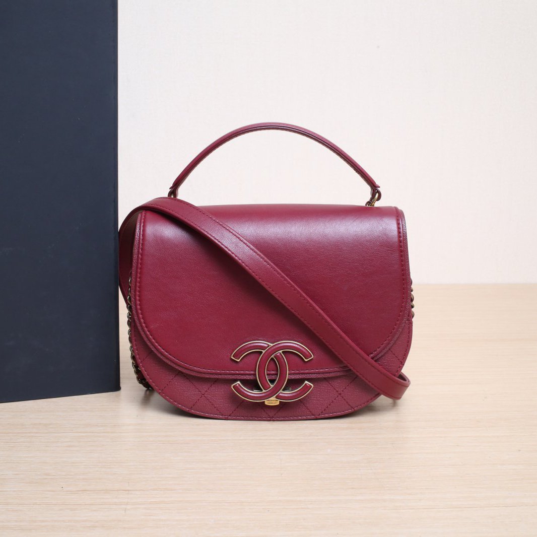 95新 Chanel/香奈儿 小花双双 手提链条马鞍包 酒红色 皮革C 24开