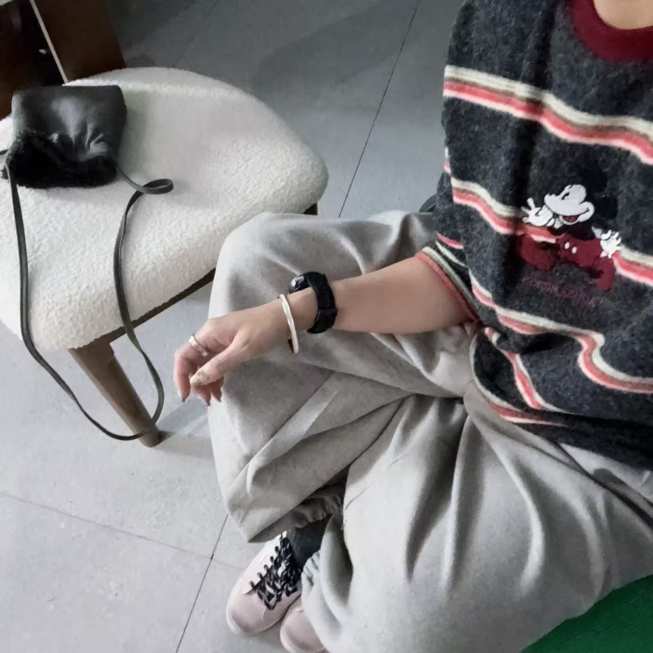 SISTERS【花条喜事】咩咩灰红条纹米奇冬T恤