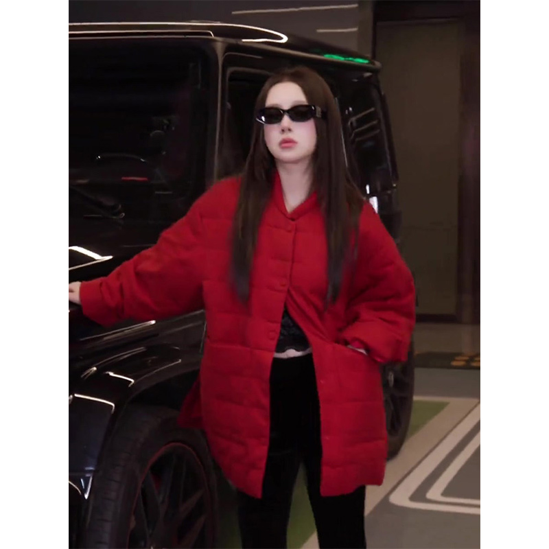 2026冬季新中式风红色菱格棉服女冬季宽松显瘦中长款保暖棉衣外套