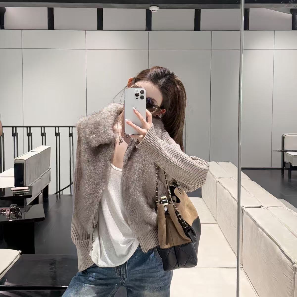 “毛绒暖暖”2025年新品时髦洋气秋冬针织拼接百搭上衣毛毛外套