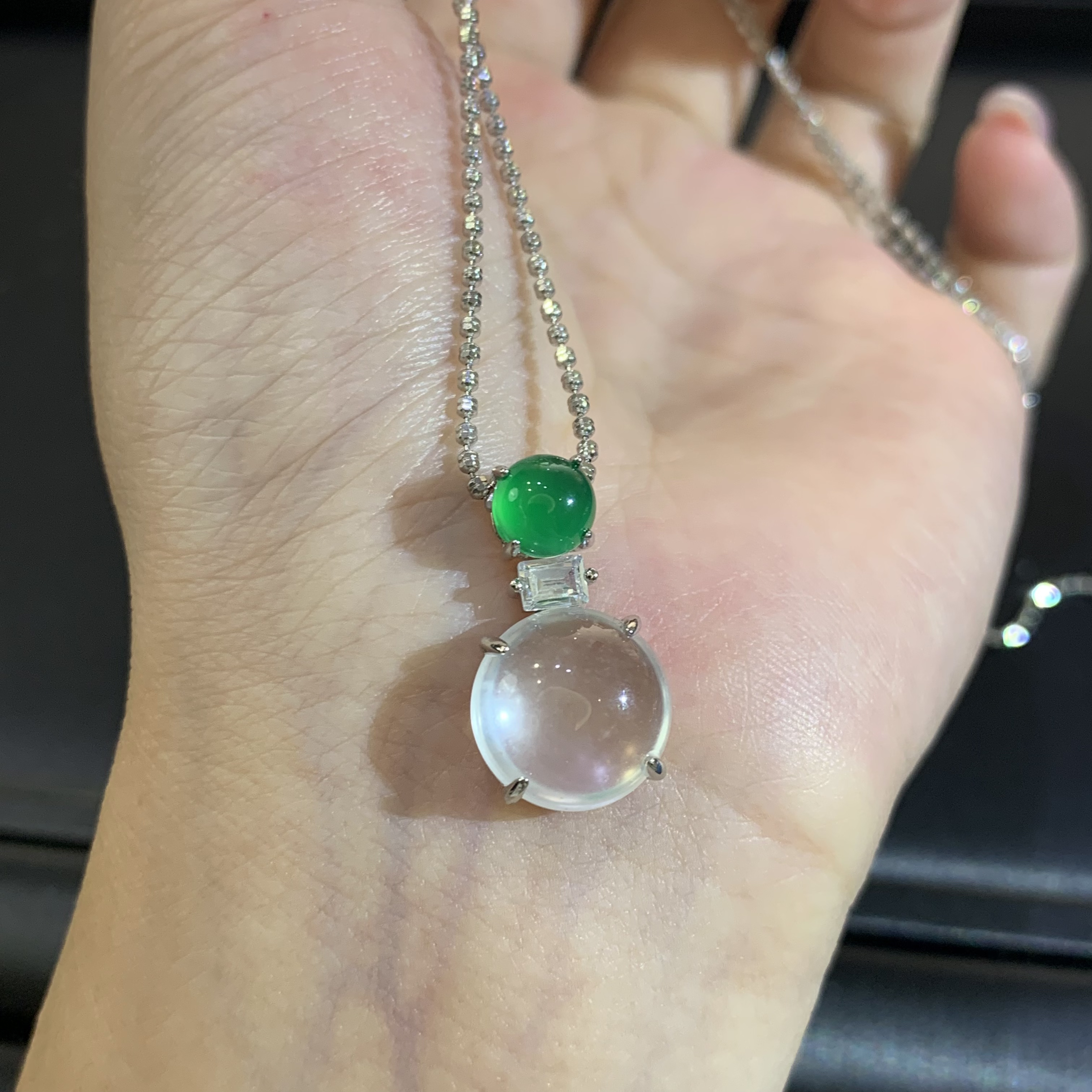 石英质玉925银镶嵌黑钢蛋面简约锁骨链