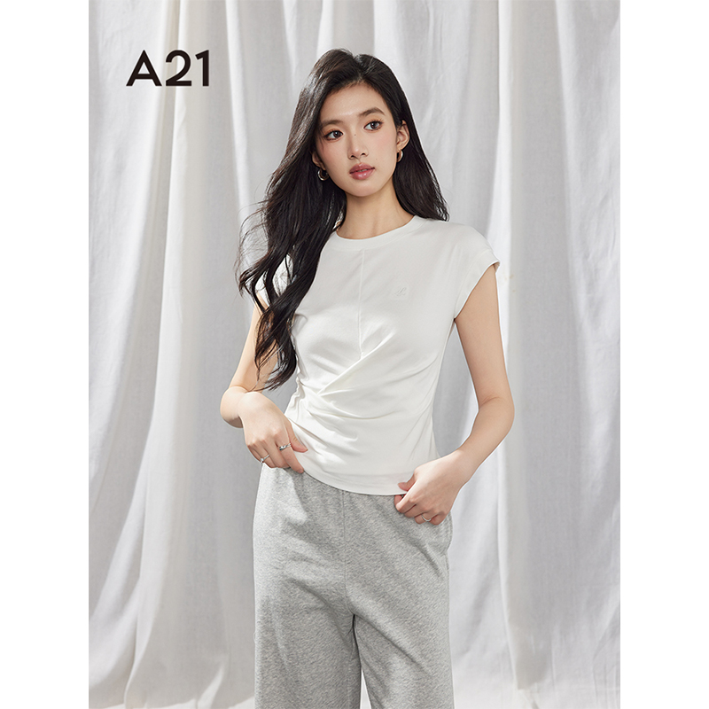 A21女装针织修身圆领落肩短袖T恤F451231019