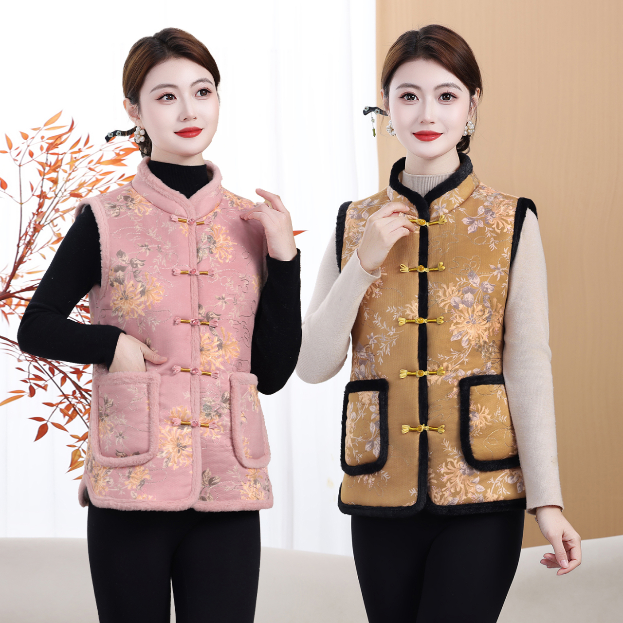 冬季中国风加绒立领马夹中老年复古加厚坎肩中式秋冬无袖马甲