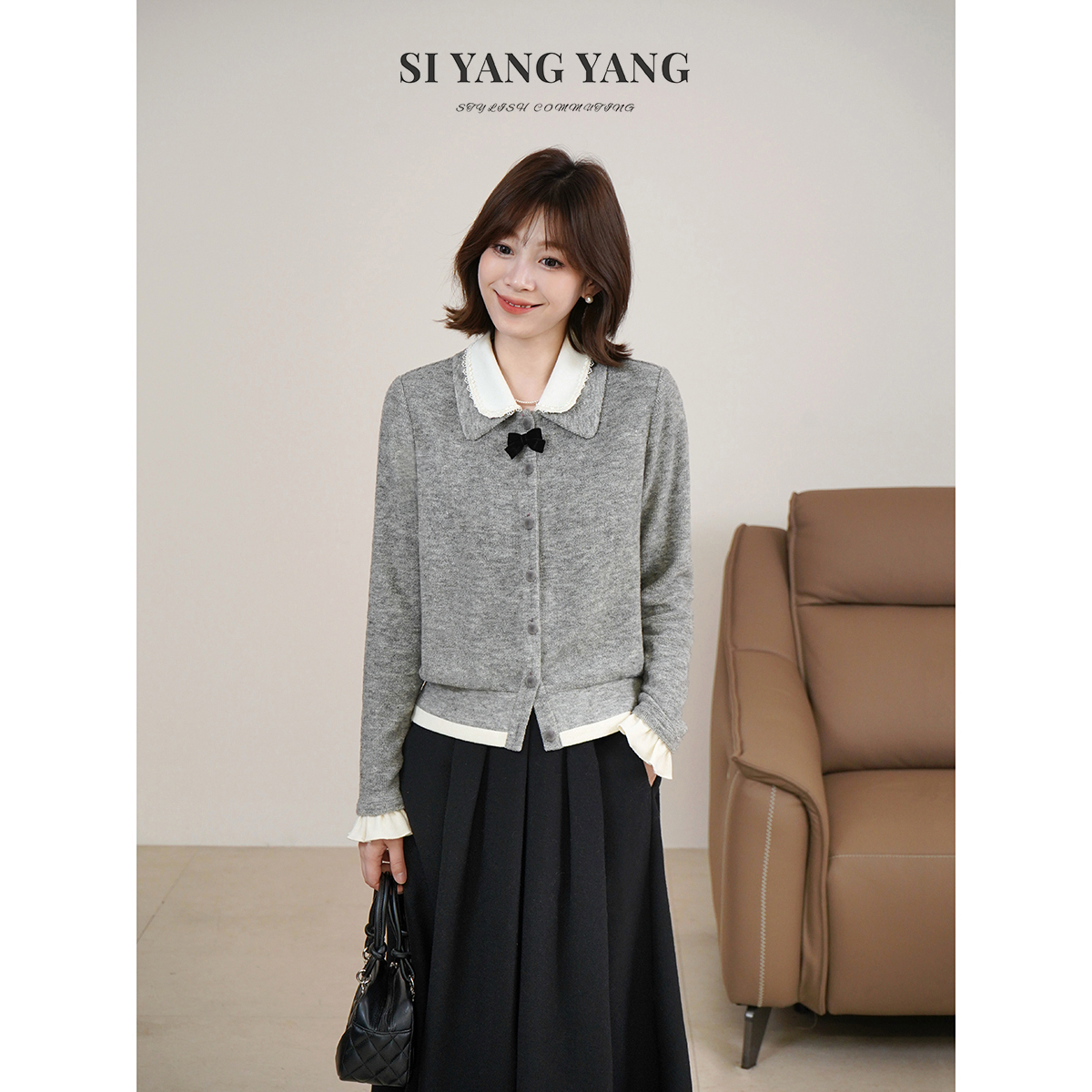 斯洋洋SIYANG冬季女装针织通勤翻领灰色秋冬翻领上衣SY511A007SYY