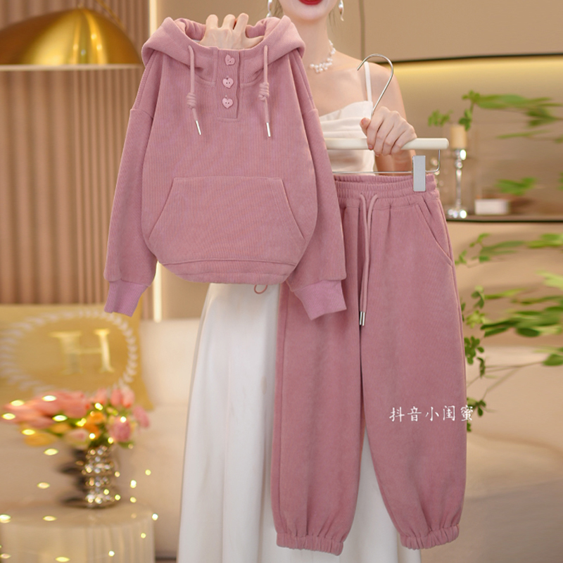 【闺蜜家】女童秋冬季2025新款韩系高定加绒加厚连帽卫衣套装-7185