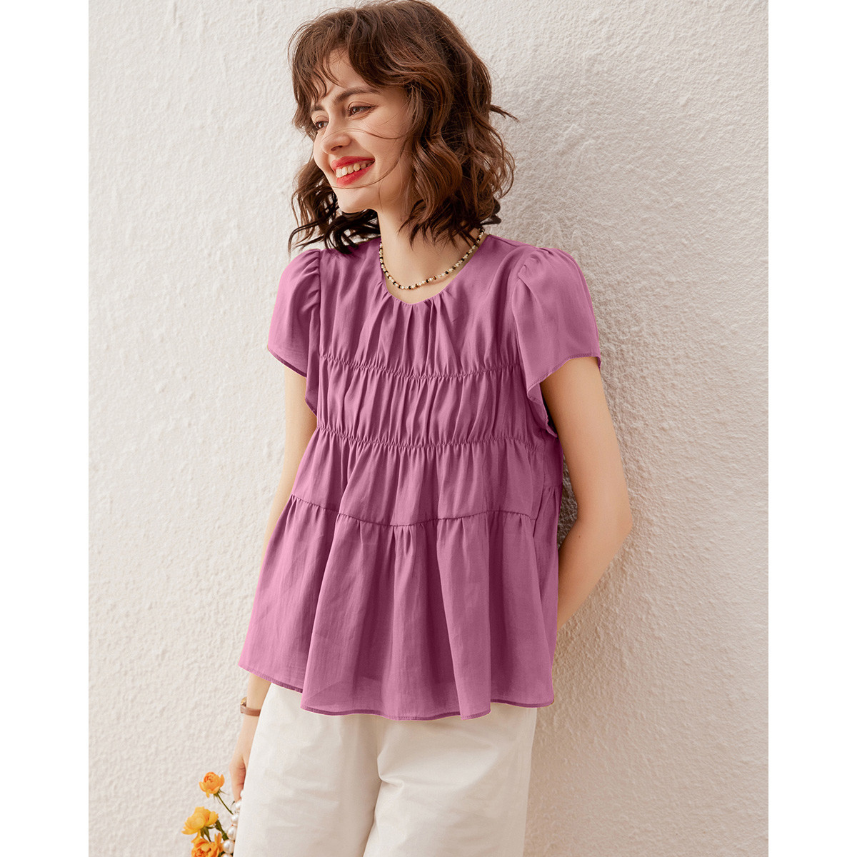 【小铃铛】白鹿语橡筋抽褶设计圆领小飞袖衬衫上衣ZYU20121