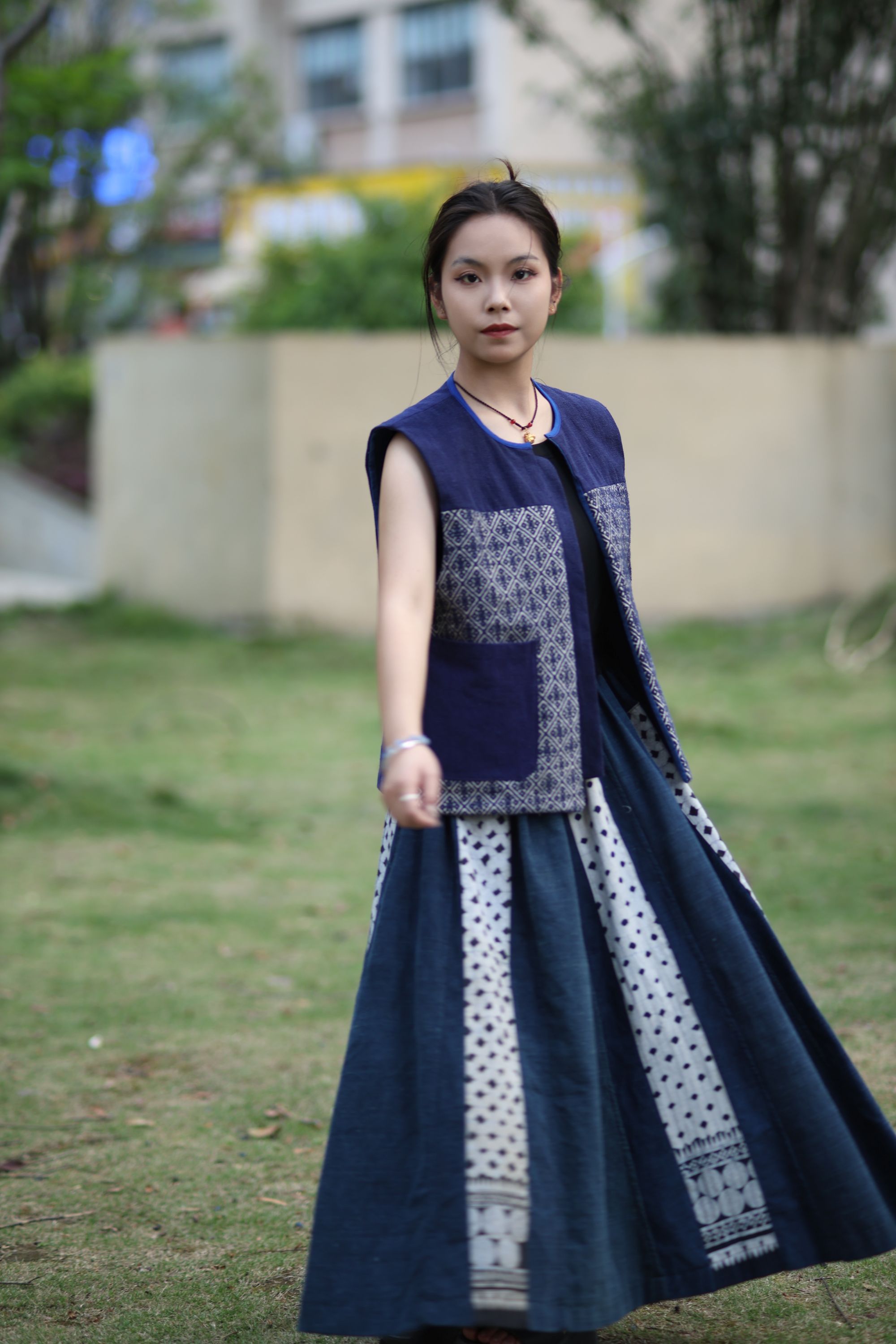 夜兰古绣波点拼布半裙老土布蜡染民族风夏季气质