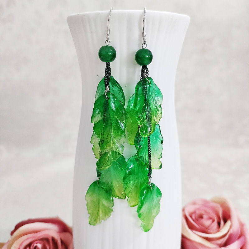 铜合金玻璃耳饰 民族风手工夸张长款叶子流苏吊坠耳环1902
