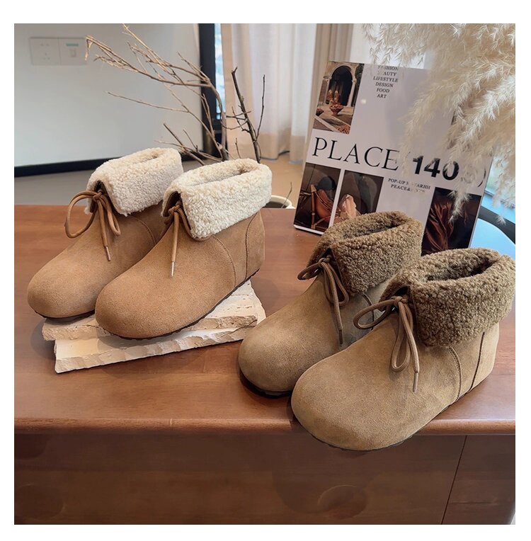 时尚雪地靴千金风保暖短筒短靴棉鞋加厚冬季系带内增高5CM