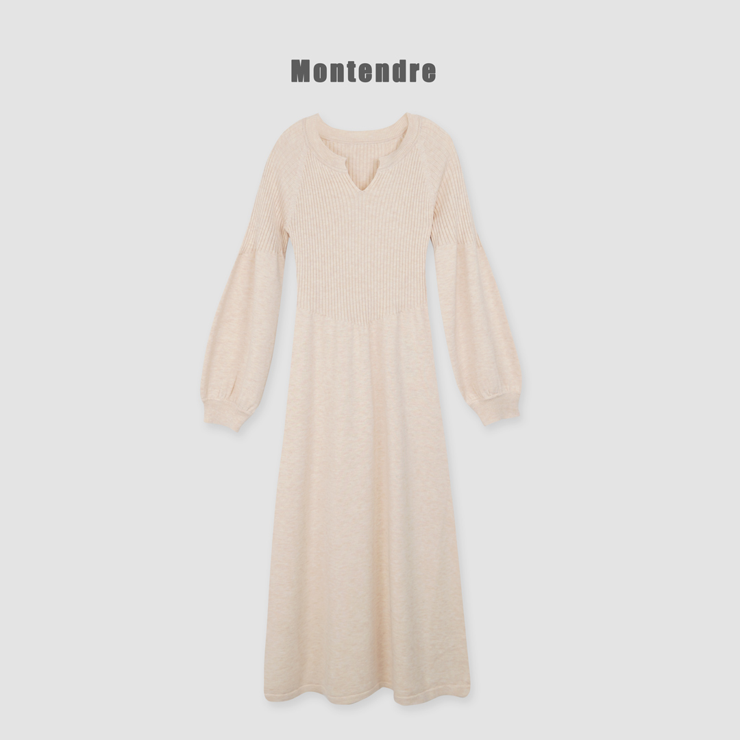 【Montendre】 秋冬新款 J 小V领设计灯笼袖罗纹针织连衣裙