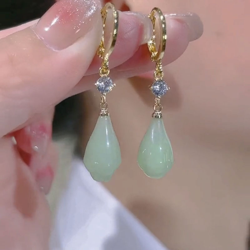 黄铜大理石耳饰 新中式复古优雅绿色玉兰花耳坠耳环精致百搭耳饰