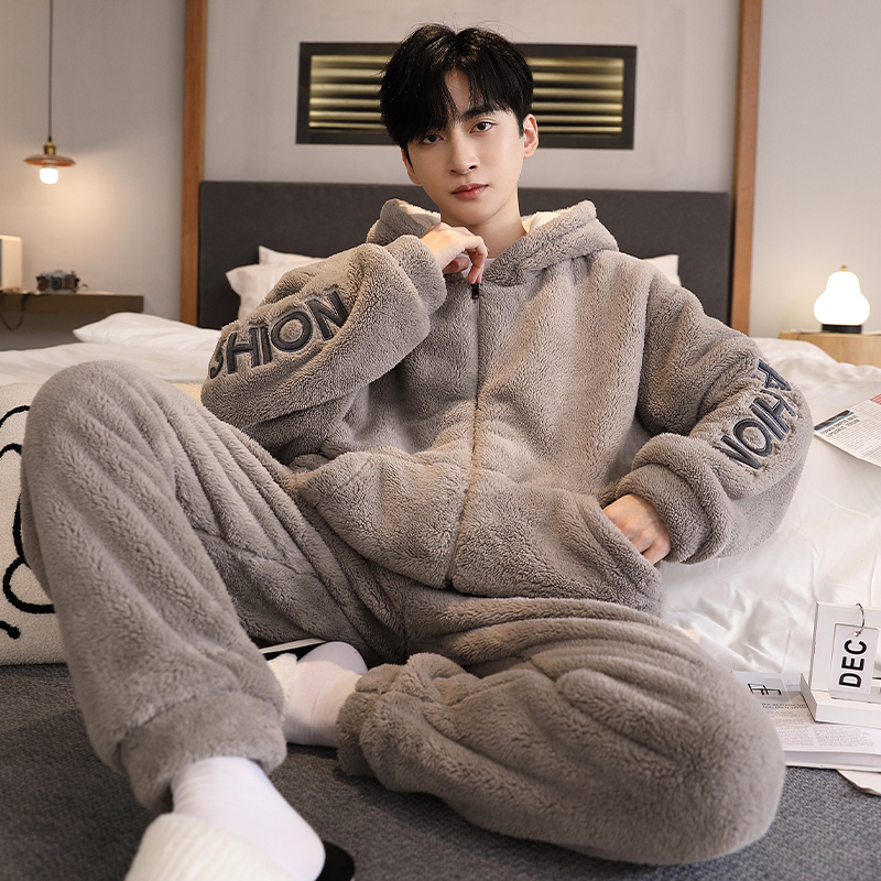 睡衣男款冬季珊瑚绒加绒加厚长袖法兰绒青少年卡通保暖家居服套装
