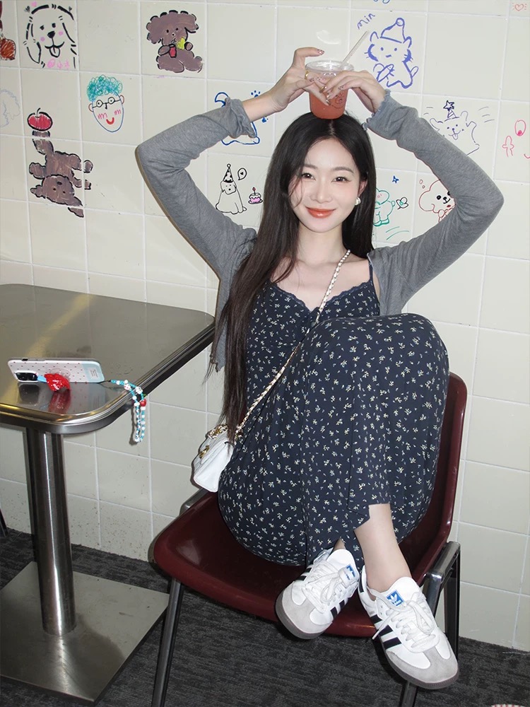 【两件套】韩系碎花连衣裙女夏吊带针织长裙子法式显瘦气质