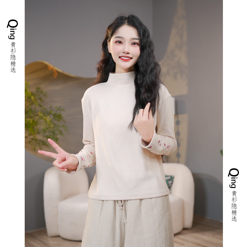 5326秋冬新款半高领袖口刺绣T恤衫高级感修身显瘦打底衫