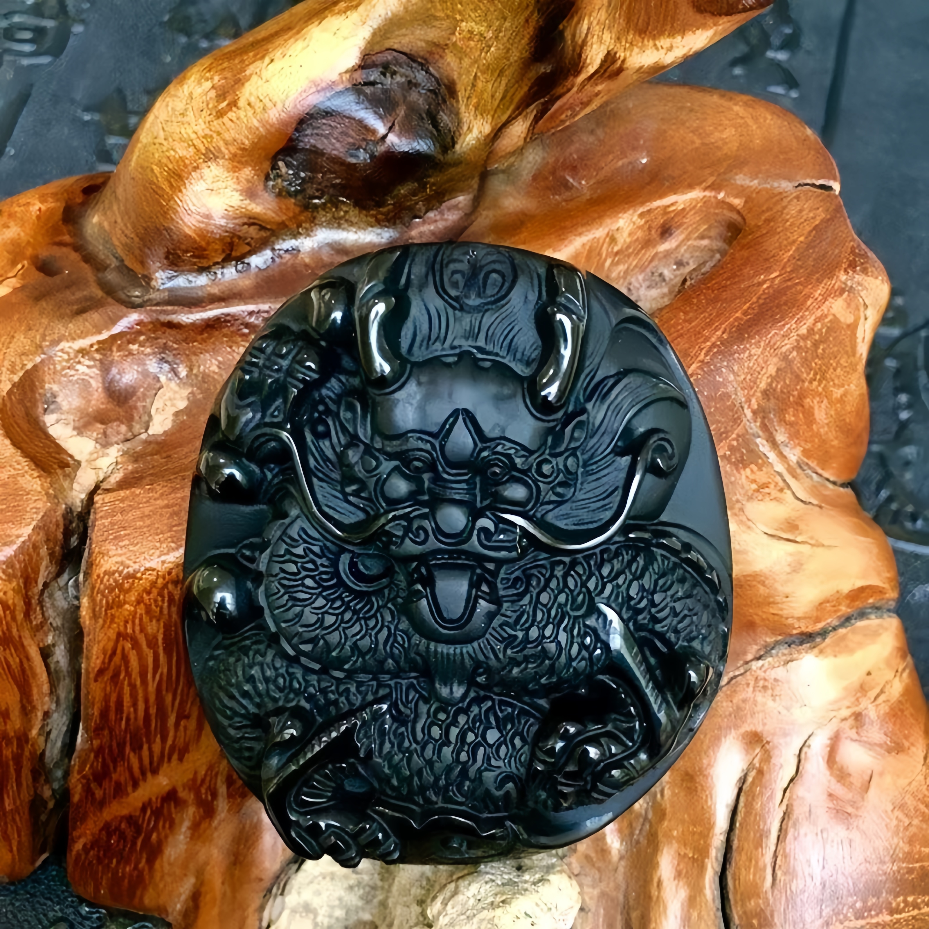 天然黑曜石龙纹吊坠男士复古做旧平安扣挂件招财纳福护身