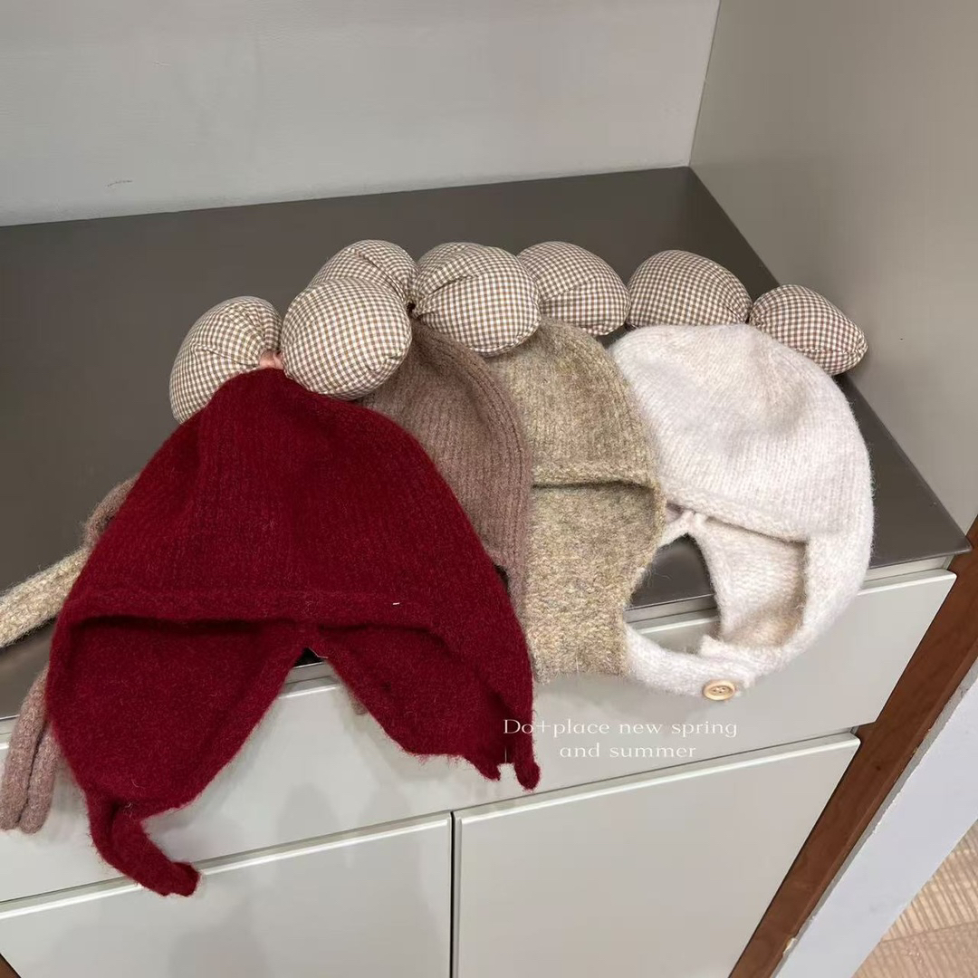 蝴蝶结毛线帽方格针织ins风可爱球球防风系带