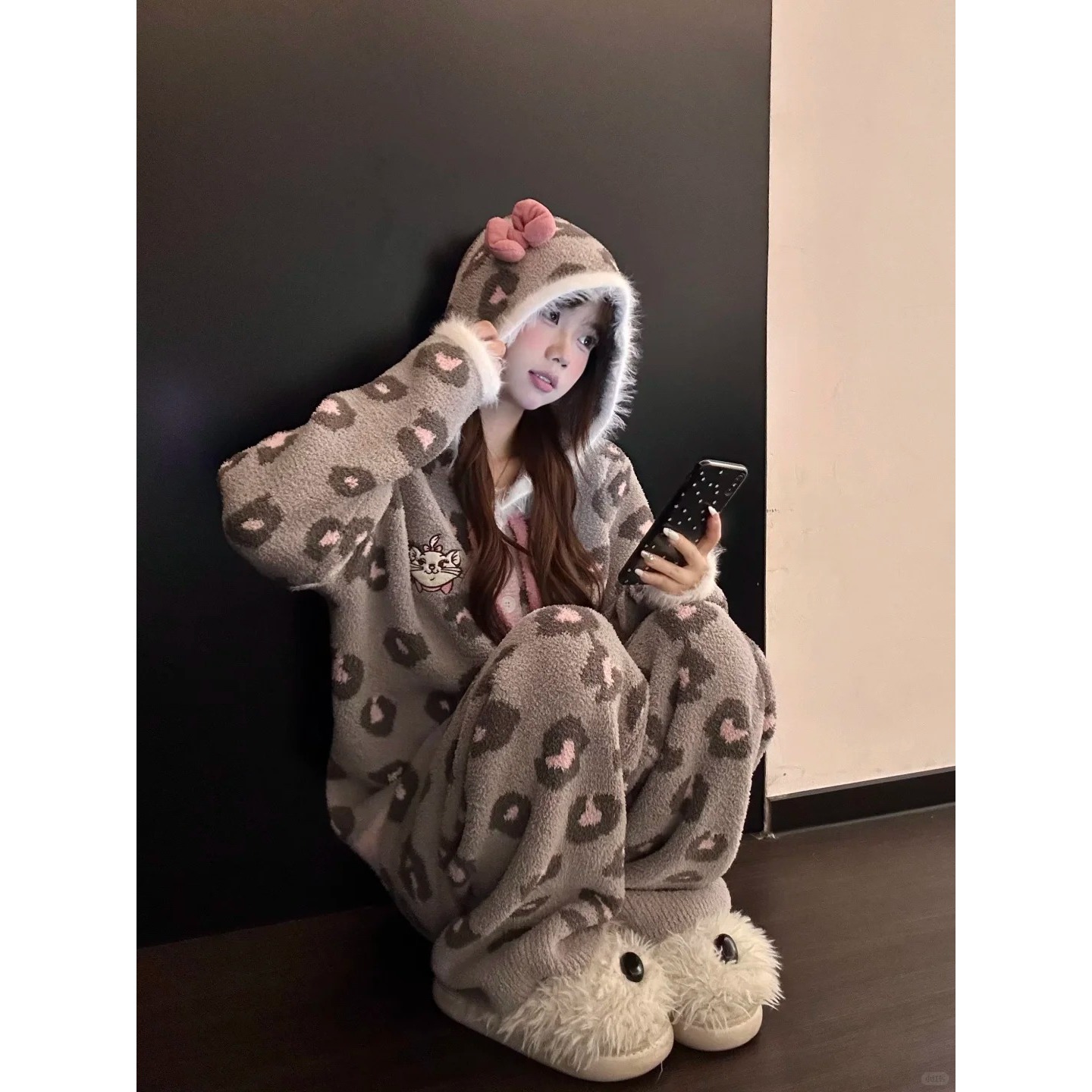 韩系甜美豹纹玛丽猫半边绒睡衣女冬季新款加绒加厚保暖家居服套装