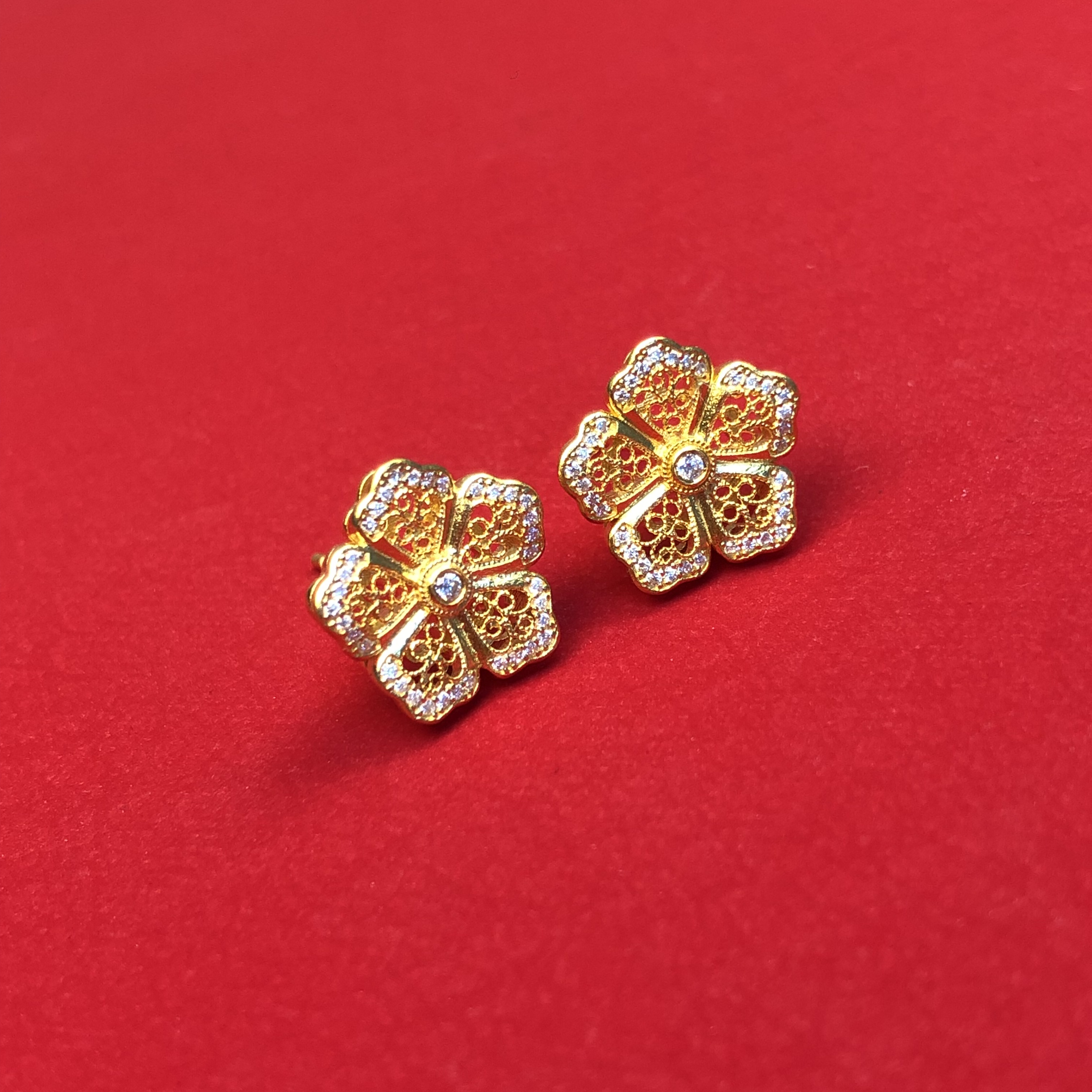 黄金999足金古法新款镂空花朵牡丹花开富贵耳钉定制
