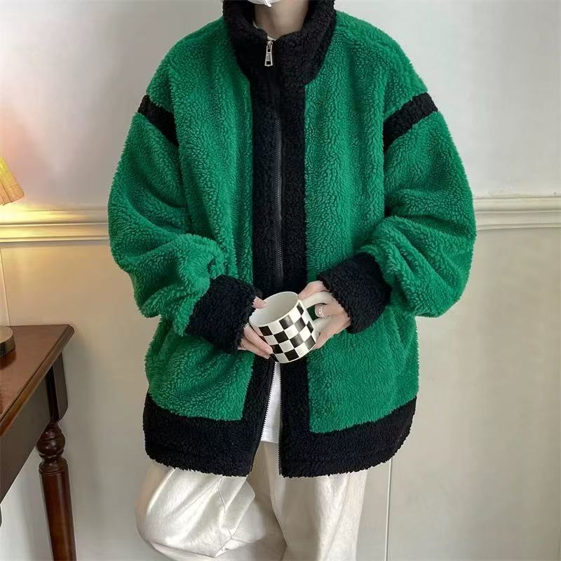 7009 3XL6 4XL5潮牌羊羔毛棉衣外套冬季新款撞色颗粒绒宽松棉服潮