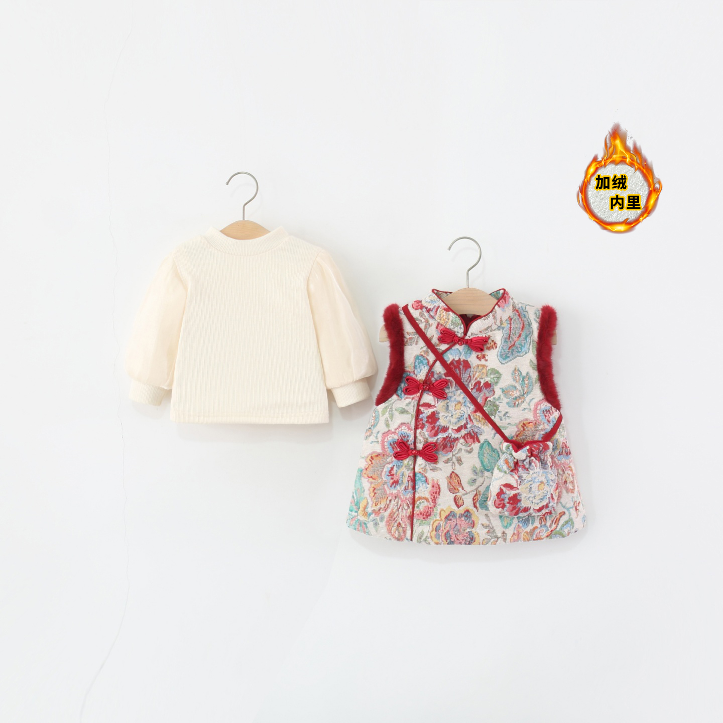 童装女童裙套装冬季加绒儿童女宝宝新中式复古国风两件套过年衣服