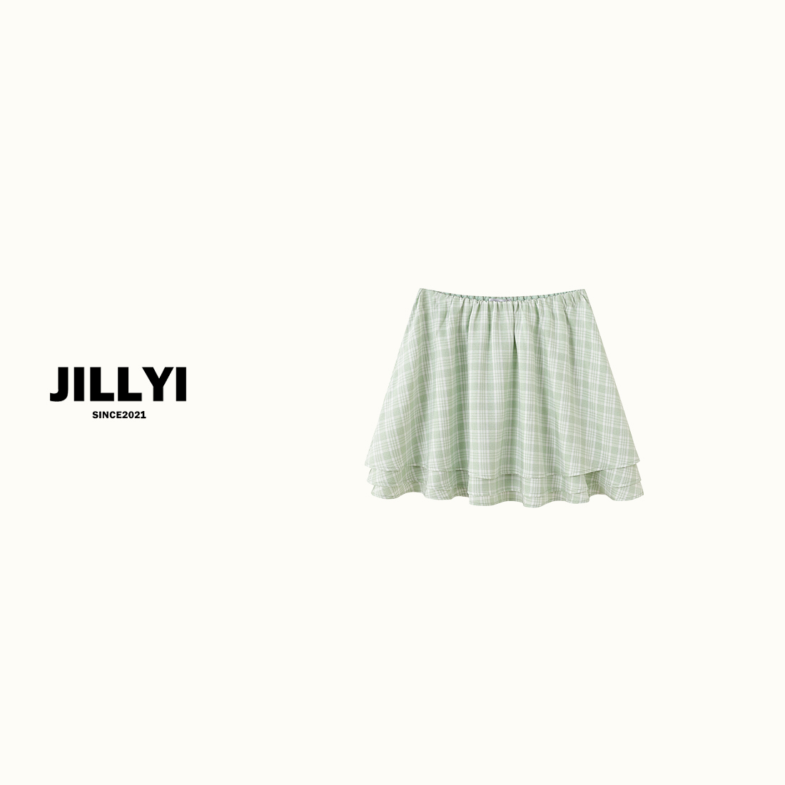 JILLYI【苔藓小姐】薄荷绿格子高腰时尚半身裙洋气休闲百搭