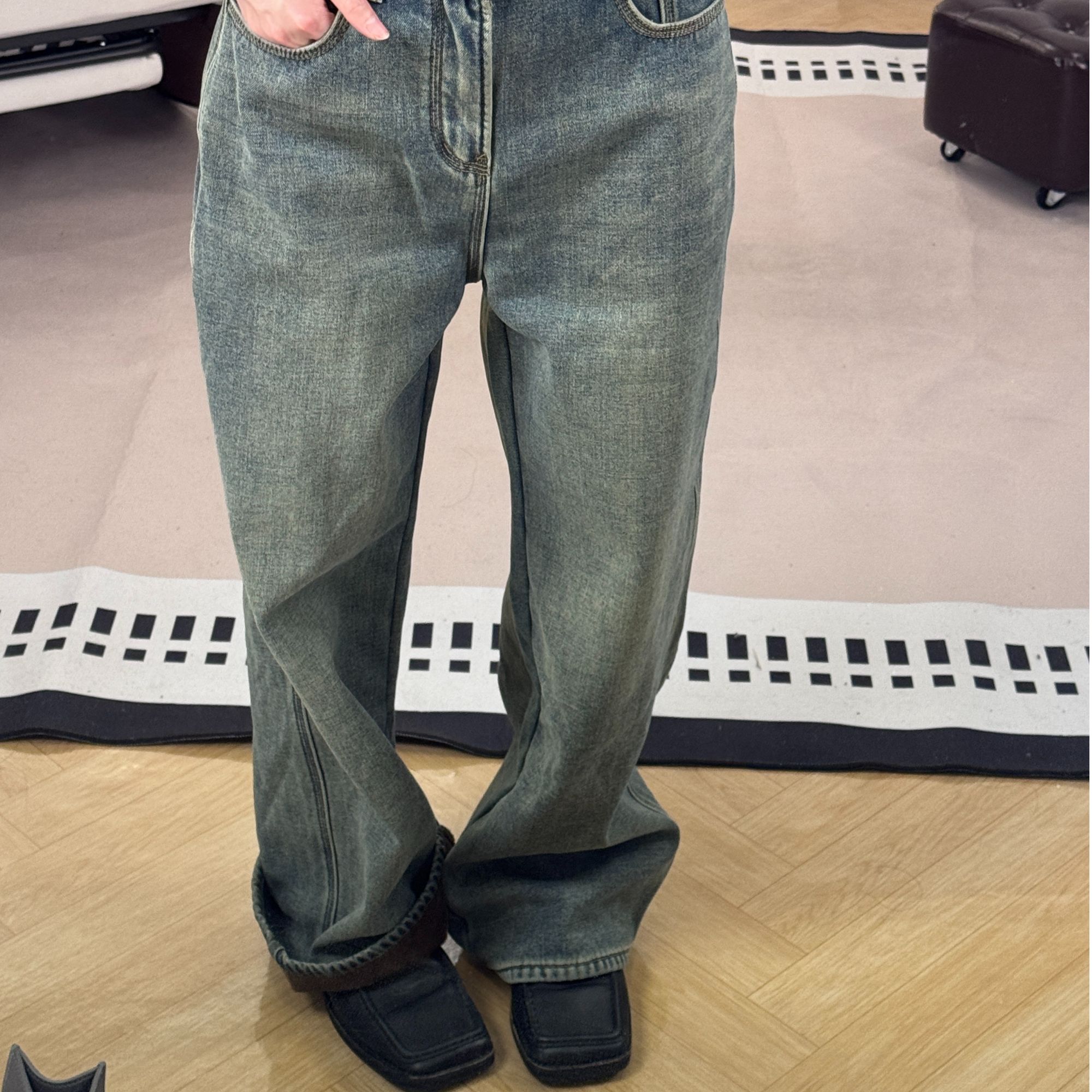 25秋冬新款高腰显瘦阔腿裤美式复古直筒宽松牛仔长裤