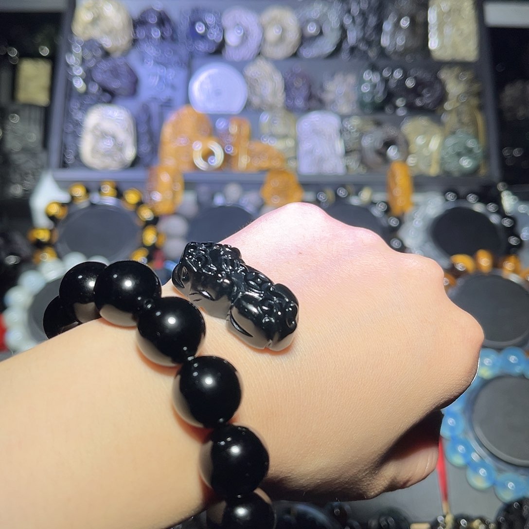 黑曜岩合金手链记*黑曜石14m➕貔貅