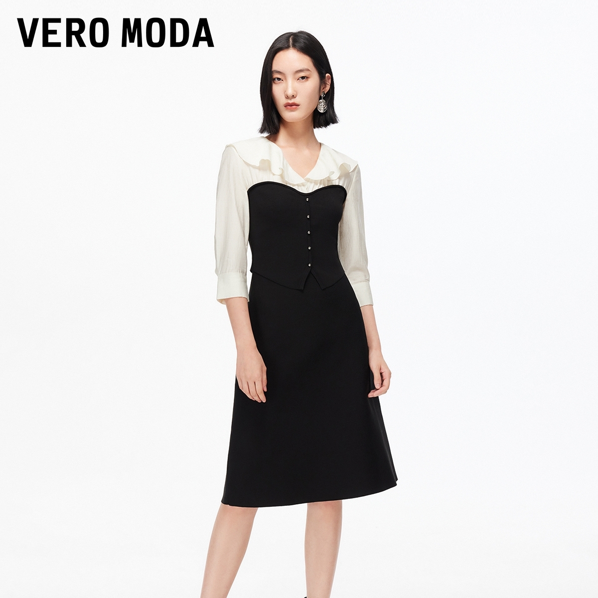 Vero Moda连衣裙25新款假两件收腰荷叶边中长裙流光风325346015