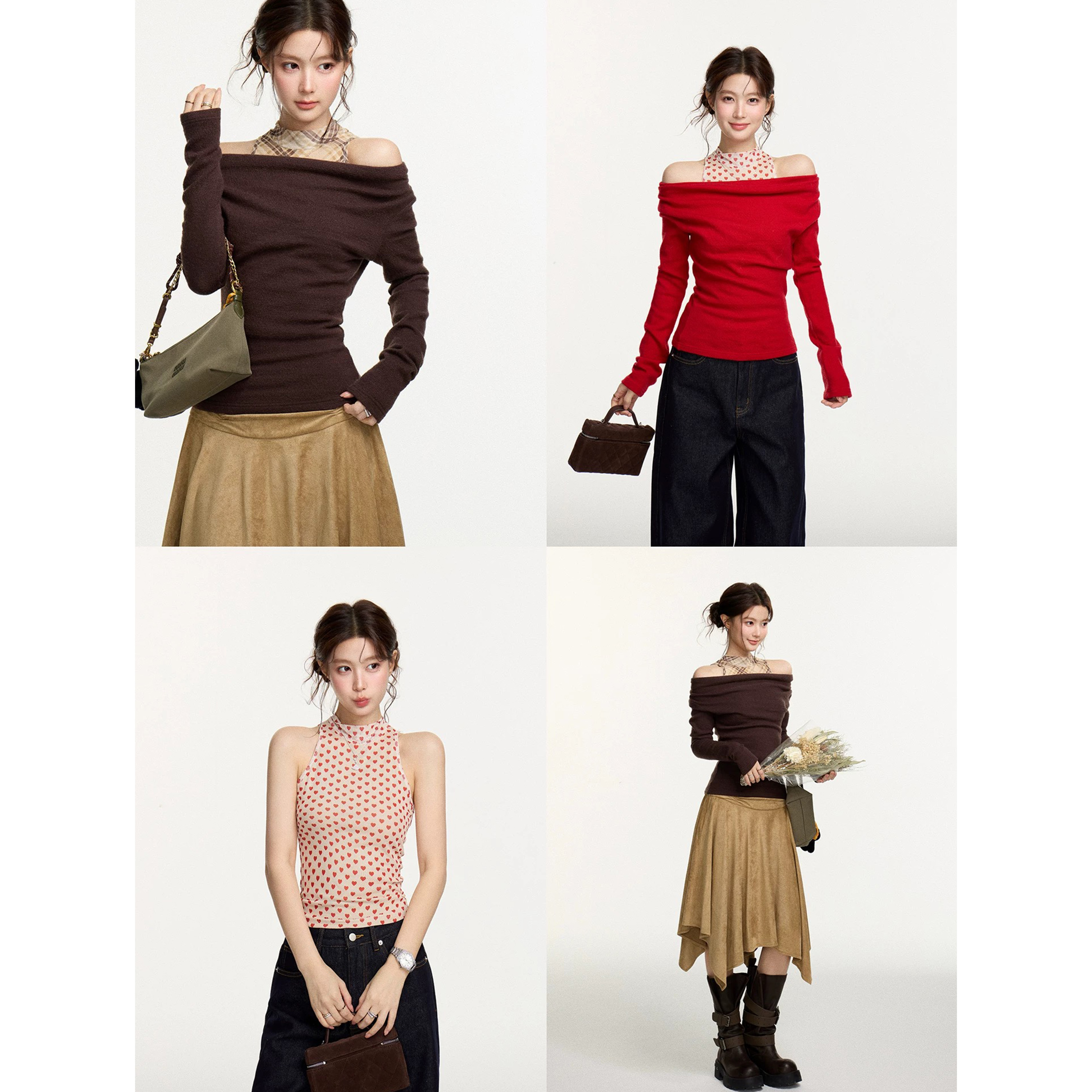 一字肩套头毛衣女冬季半高领格纹背心套装 C 5005#