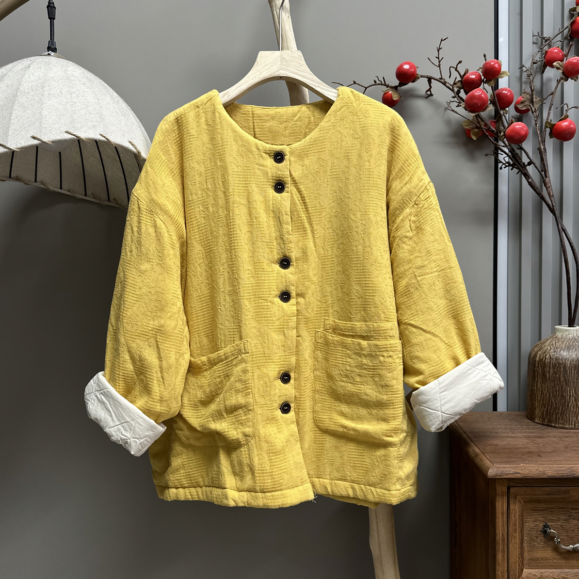 85072中式韵味复古提花工艺麻夹棉棉衣（衣长65胸围130）