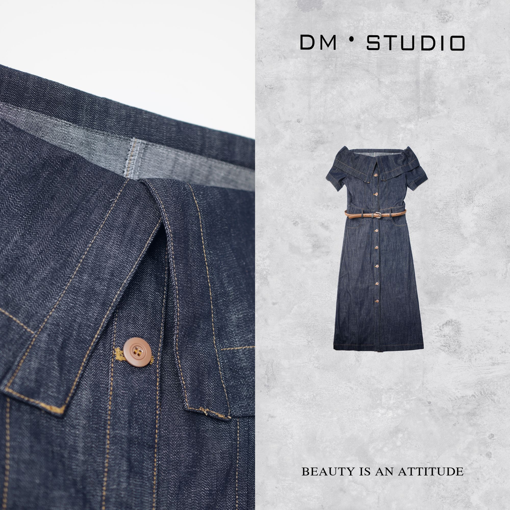 DEDM•STUDIO/轻奢高级感小众荷叶领排扣牛仔连衣裙2504LYQ/JM213