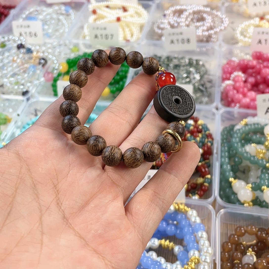 檀香木手串银S925镀金镶嵌